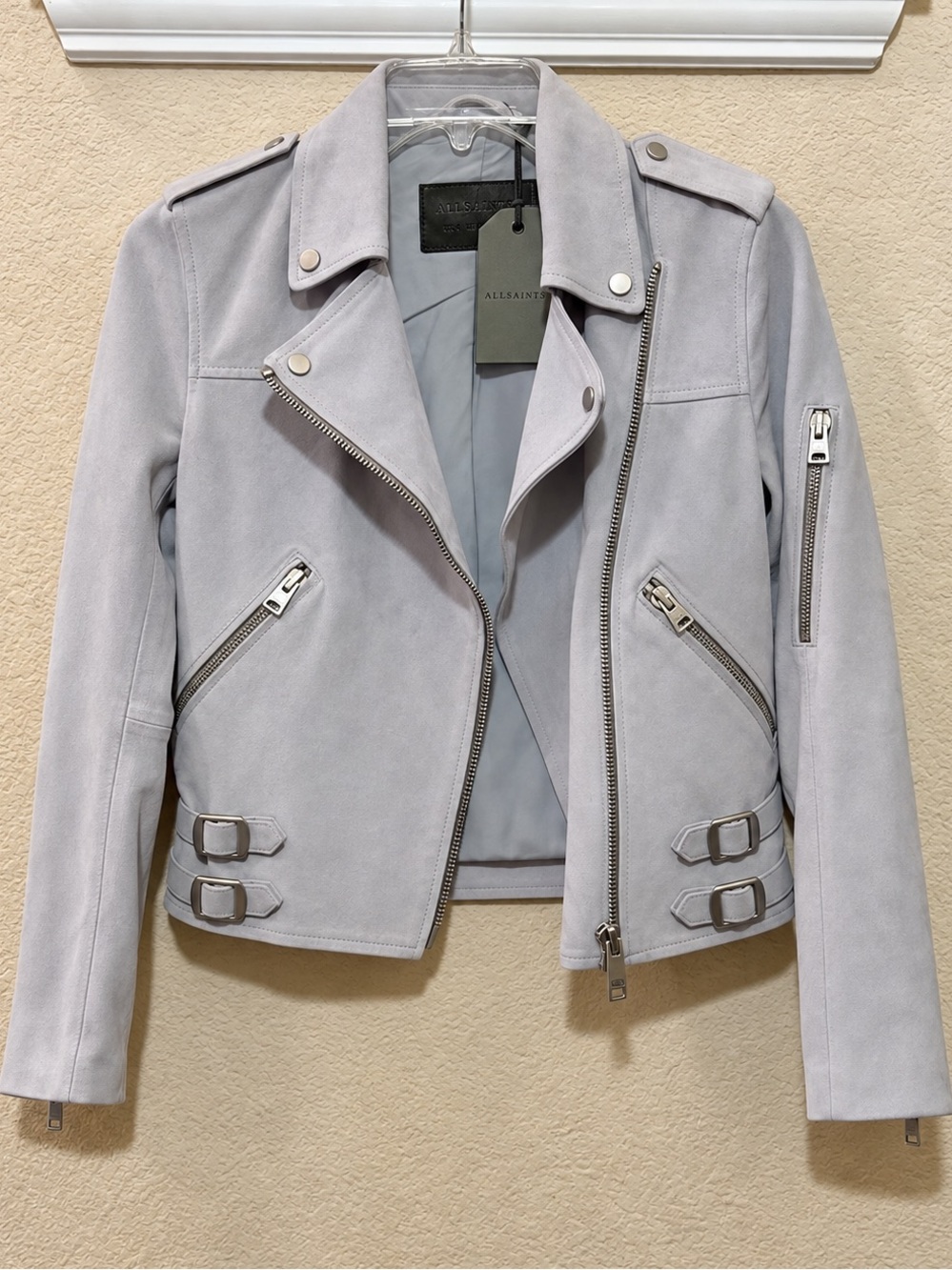 AllSaints Latham 100% goat-leather biker jacket, Sky Blue Size US 0 / UK 4